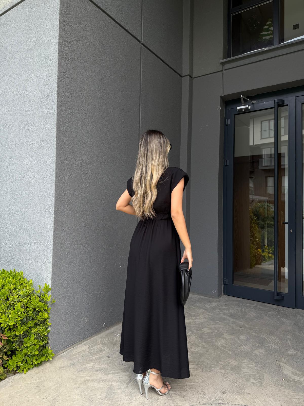 Fermuarlı Vatkalı Maxi Elbise Siyahyelb3013ny