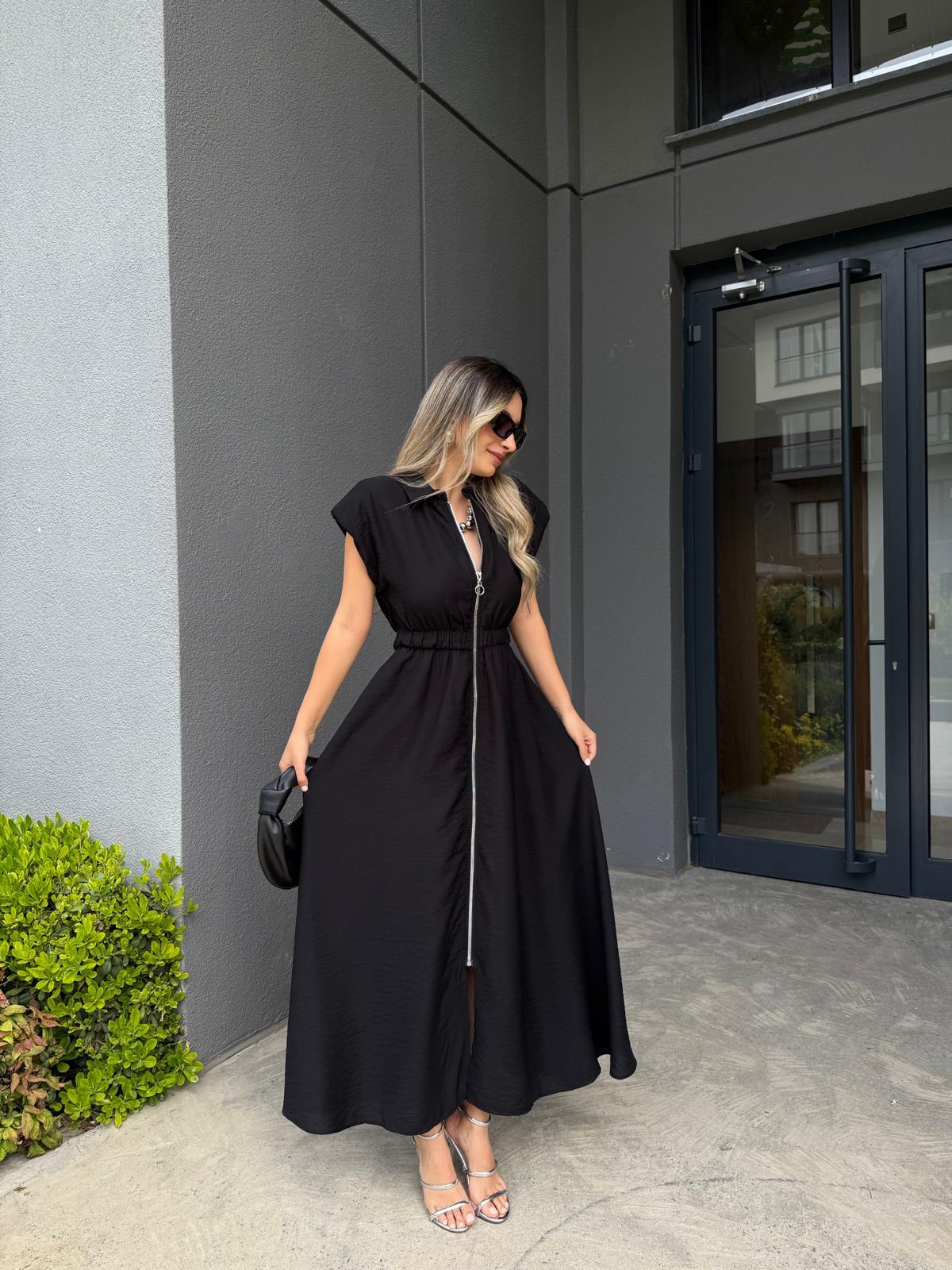 Fermuarlı Vatkalı Maxi Elbise Siyahyelb3013ny