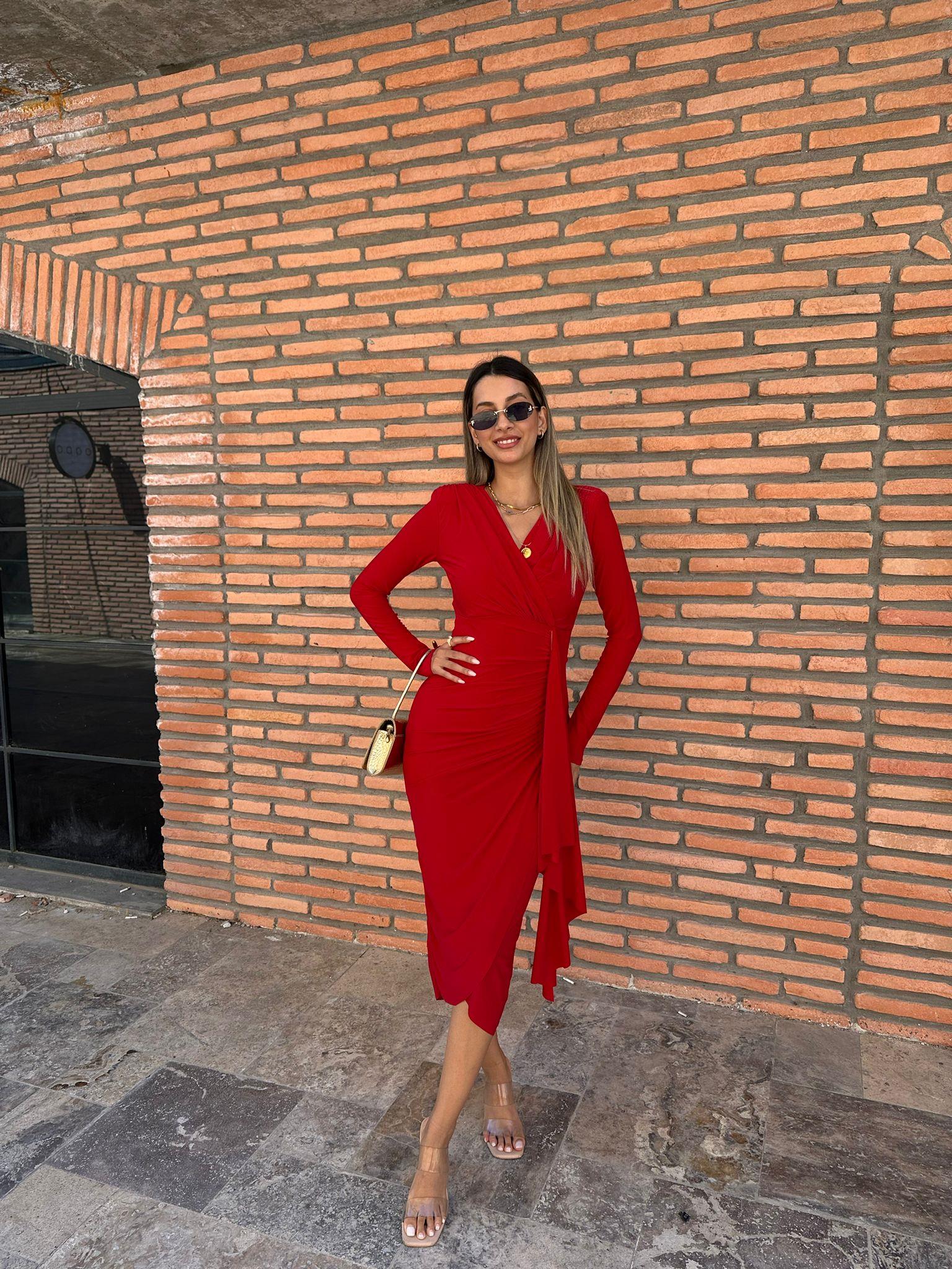 Fiona Kırmızı Kruvaze Drapeli Elbise kelb1018ny