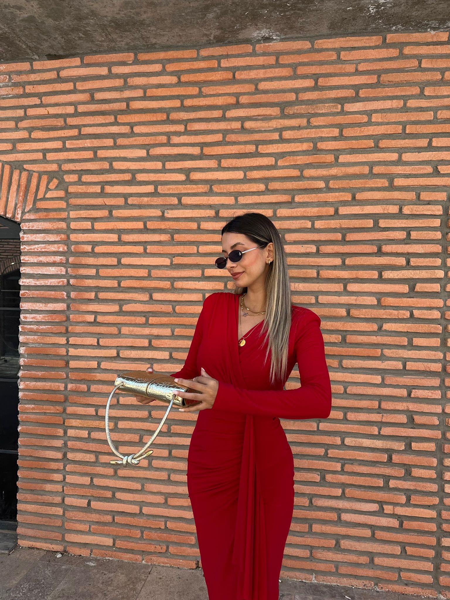 Fiona Kırmızı Kruvaze Drapeli Elbise kelb1018ny