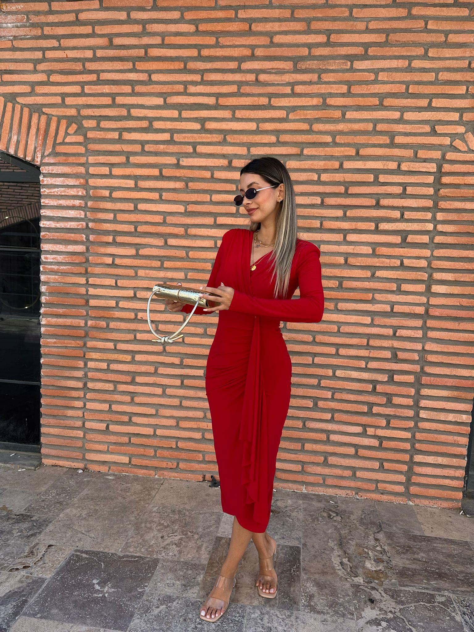 Fiona Kırmızı Kruvaze Drapeli Elbise kelb1018ny