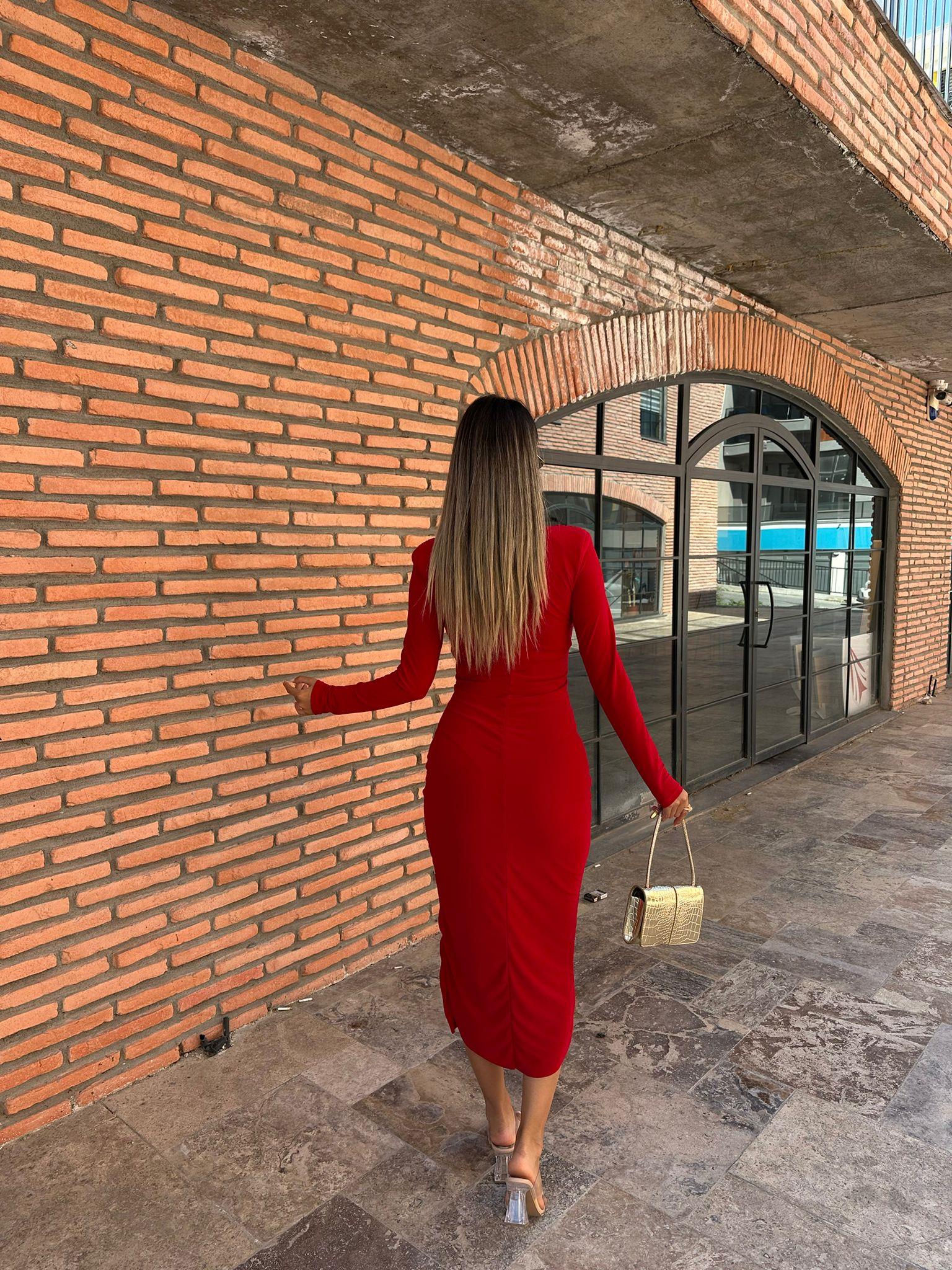 Fiona Kırmızı Kruvaze Drapeli Elbise kelb1018ny