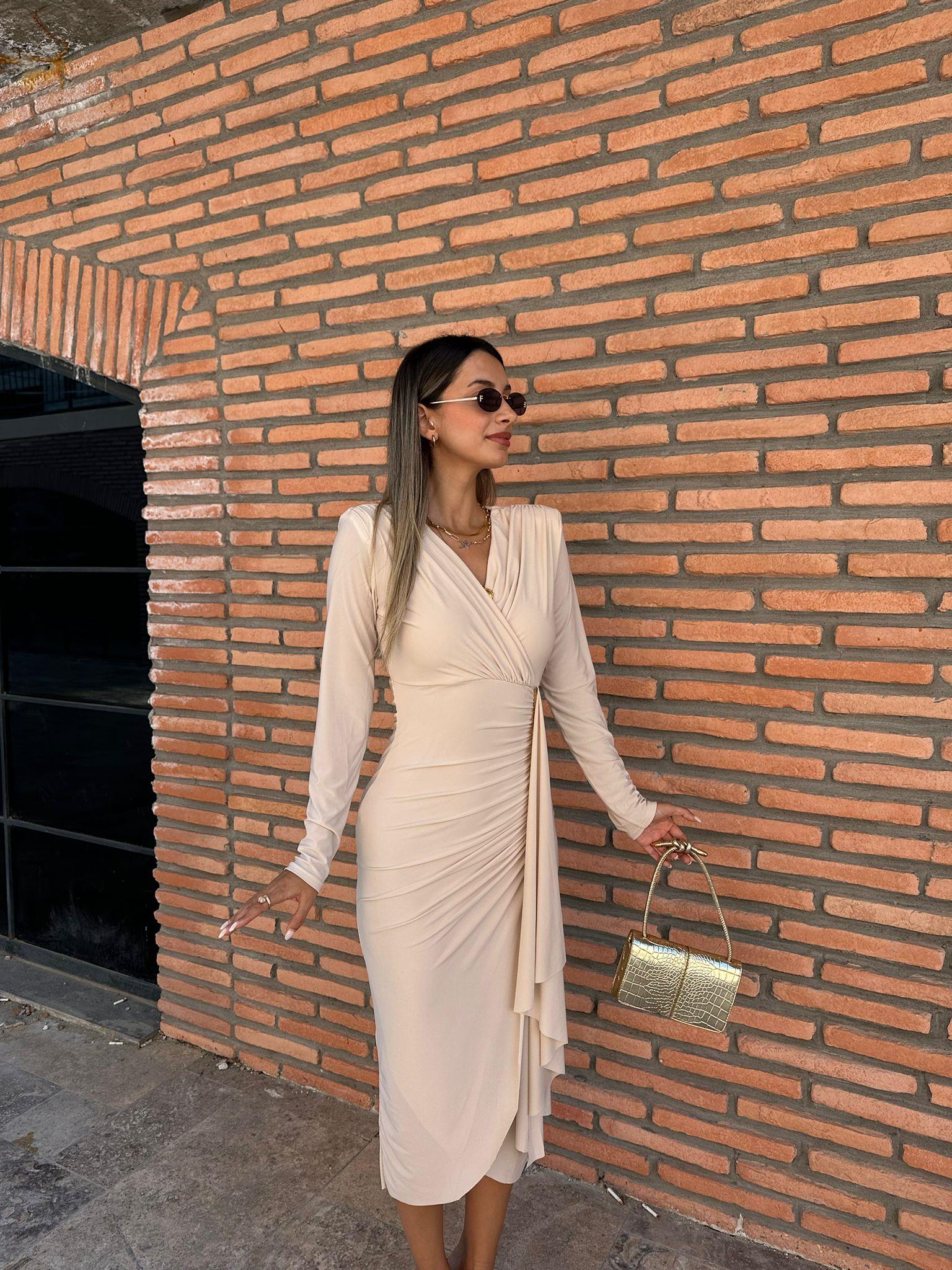 Fiona Krem Kruvaze Drapeli Elbise kelb1018ny