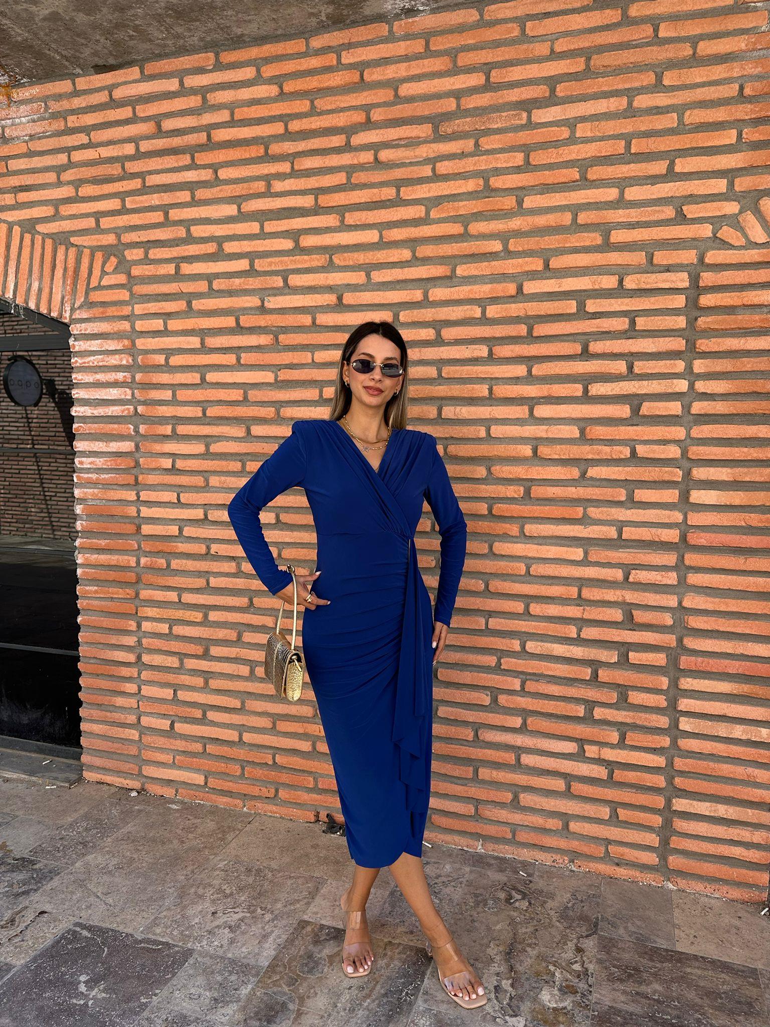 Fiona Saks Mavisi Kruvaze Drapeli Elbise kelb1018ny