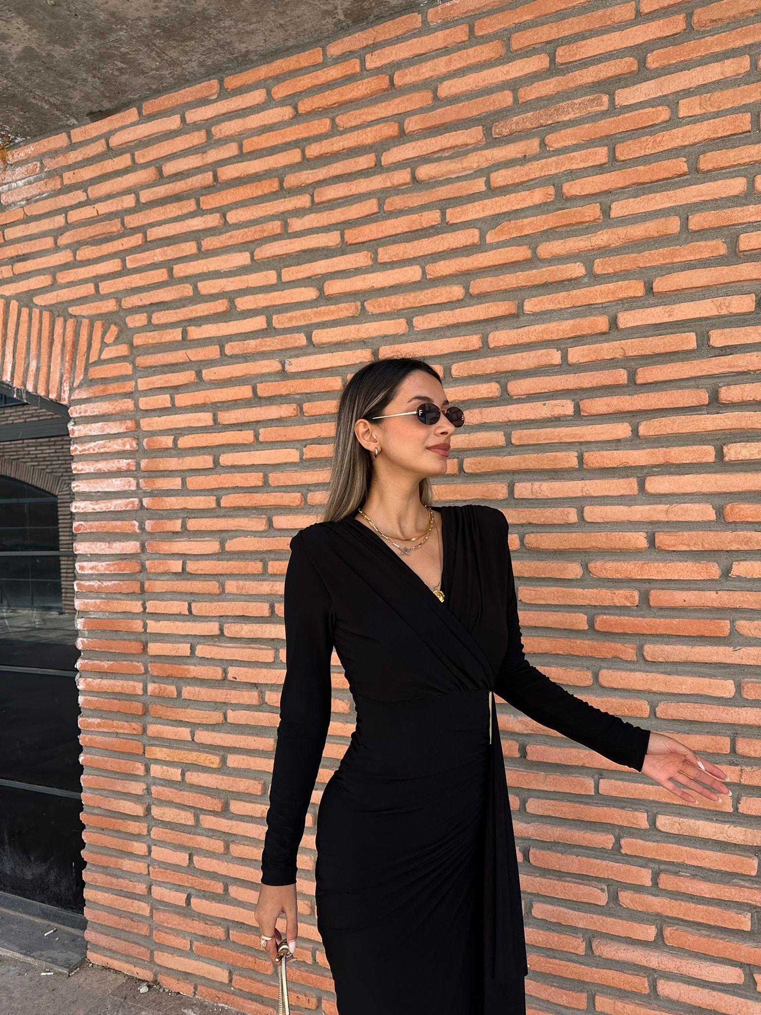 Fiona Siyah Kruvaze Drapeli Elbise kelb1018ny