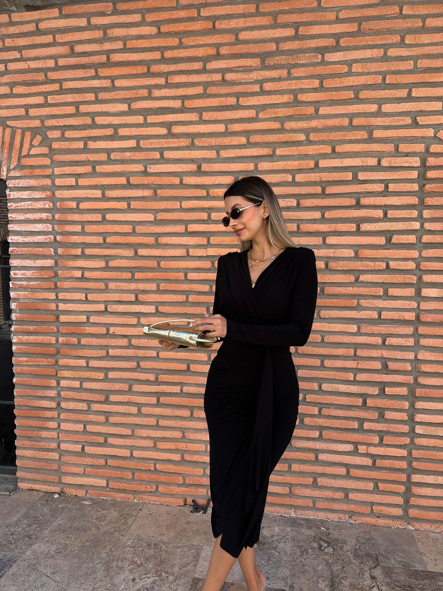 Fiona Siyah Kruvaze Drapeli Elbise kelb1018ny