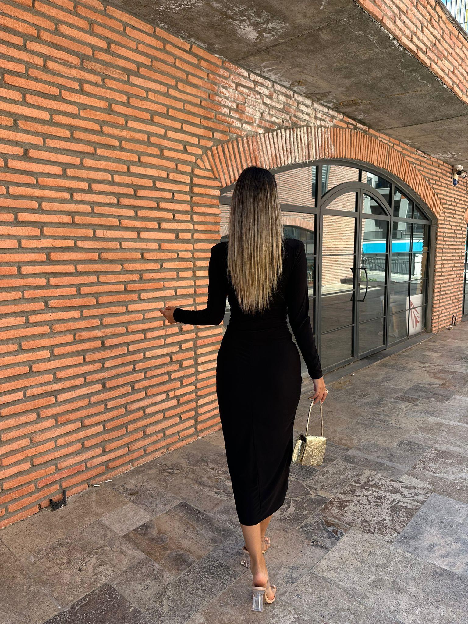 Fiona Siyah Kruvaze Drapeli Elbise kelb1018ny