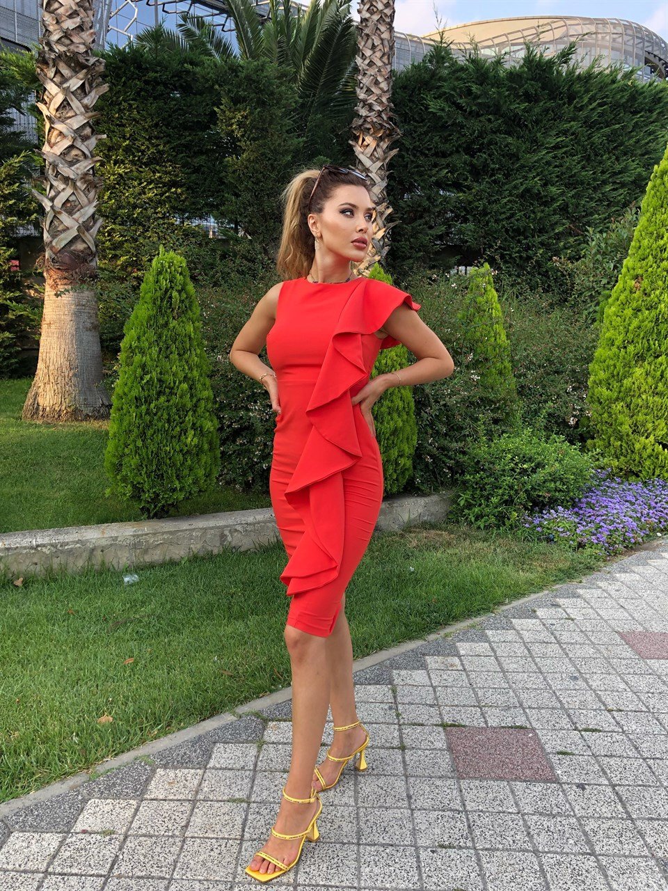 Fırfır Detay Nar Çiçeği Kalem Crep Elbise