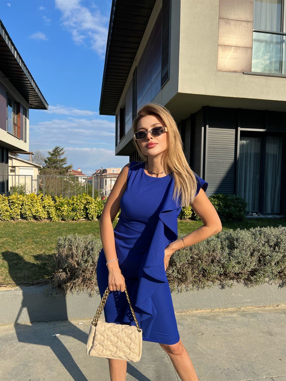 Fırfır Detay Saks Kalem Crep Elbise