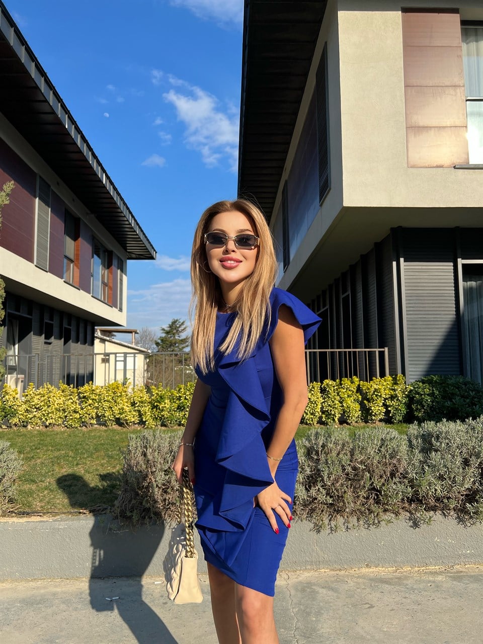 Fırfır Detay Saks Kalem Crep Elbise