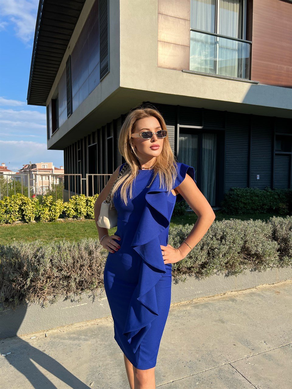 Fırfır Detay Saks Kalem Crep Elbise