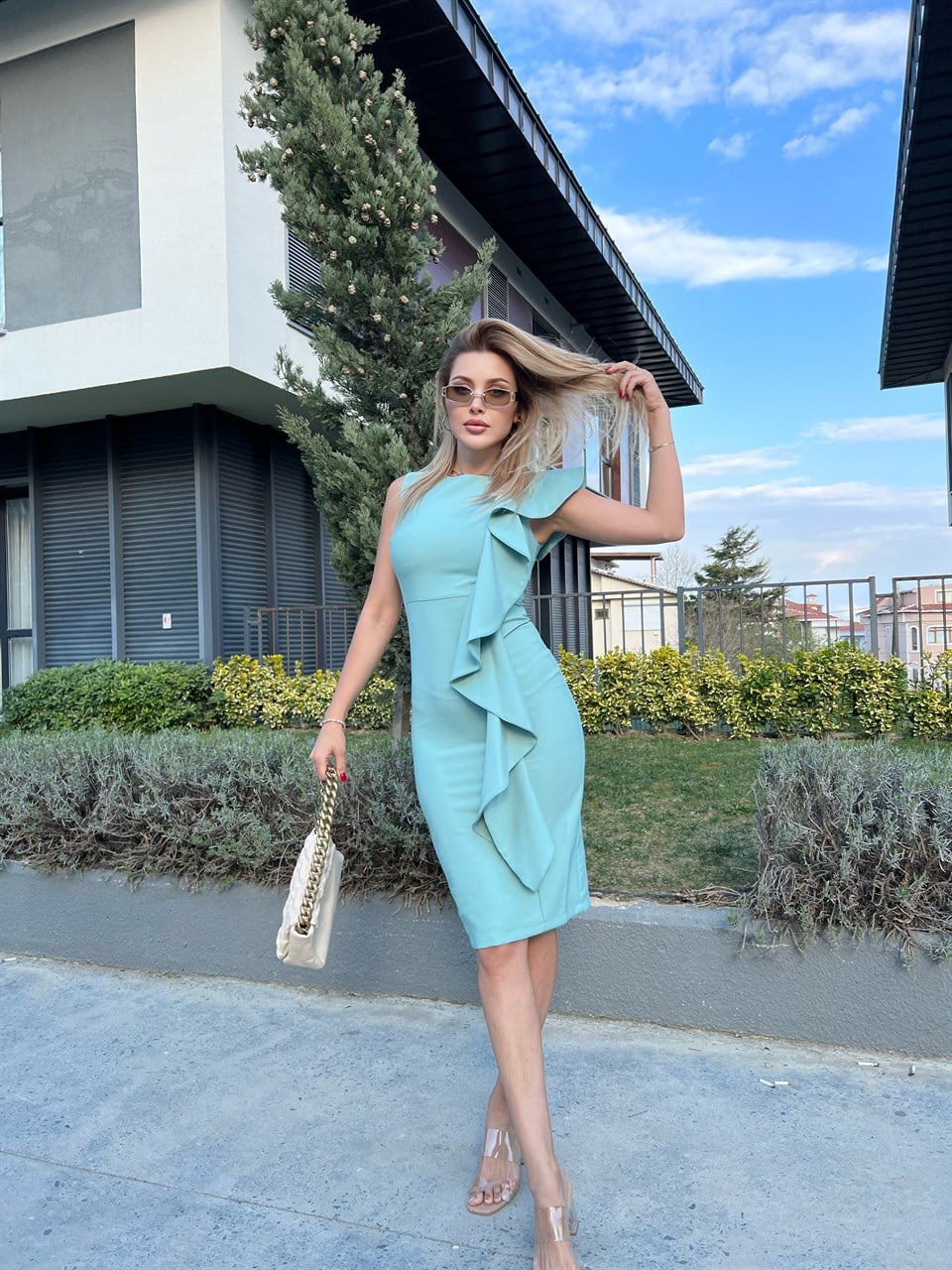 Fırfır Detay Su Yeşili Kalem Crep Elbise