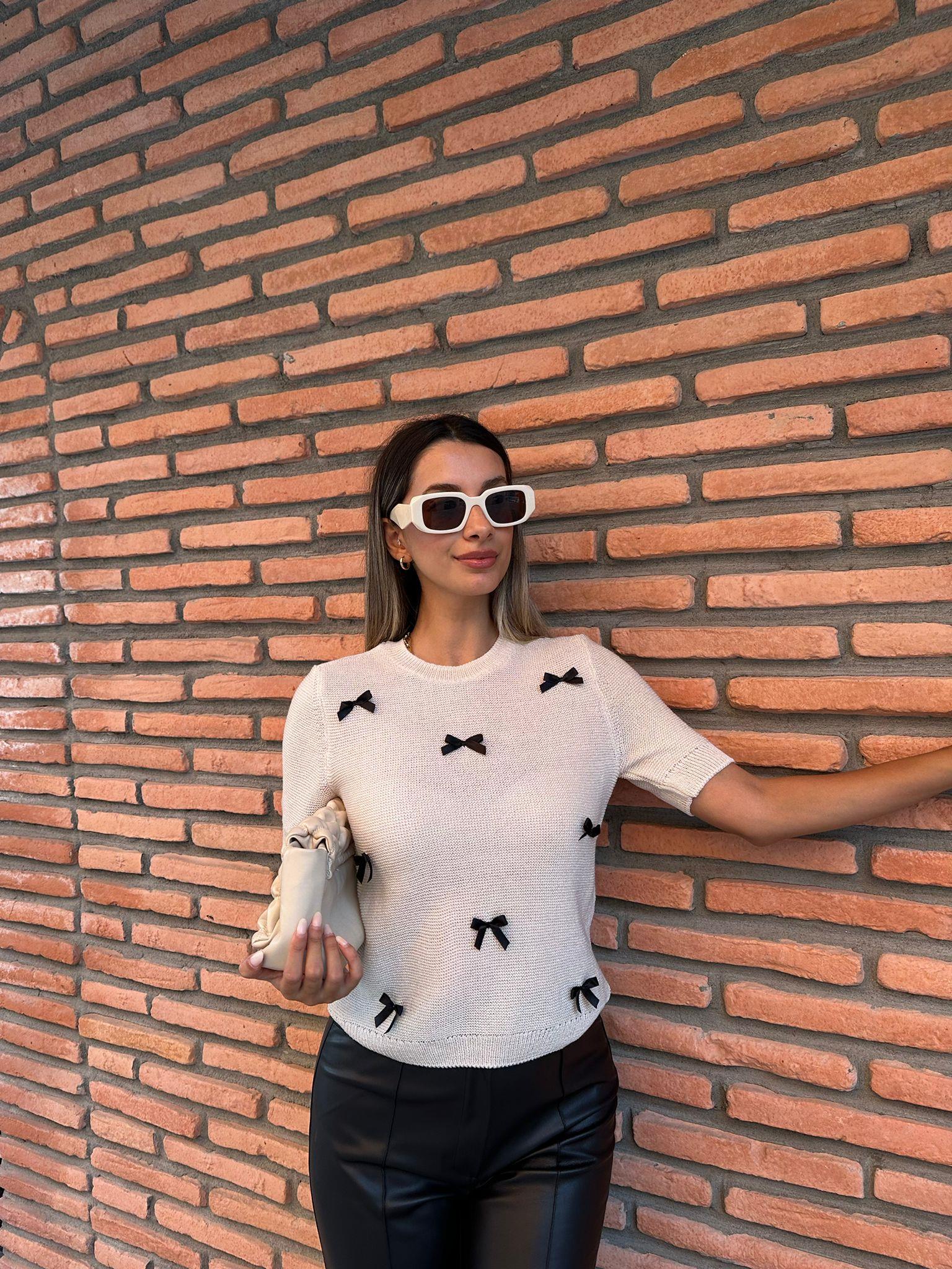 Fiyonlu Krem Triko Bluz  hrk1017qstyl