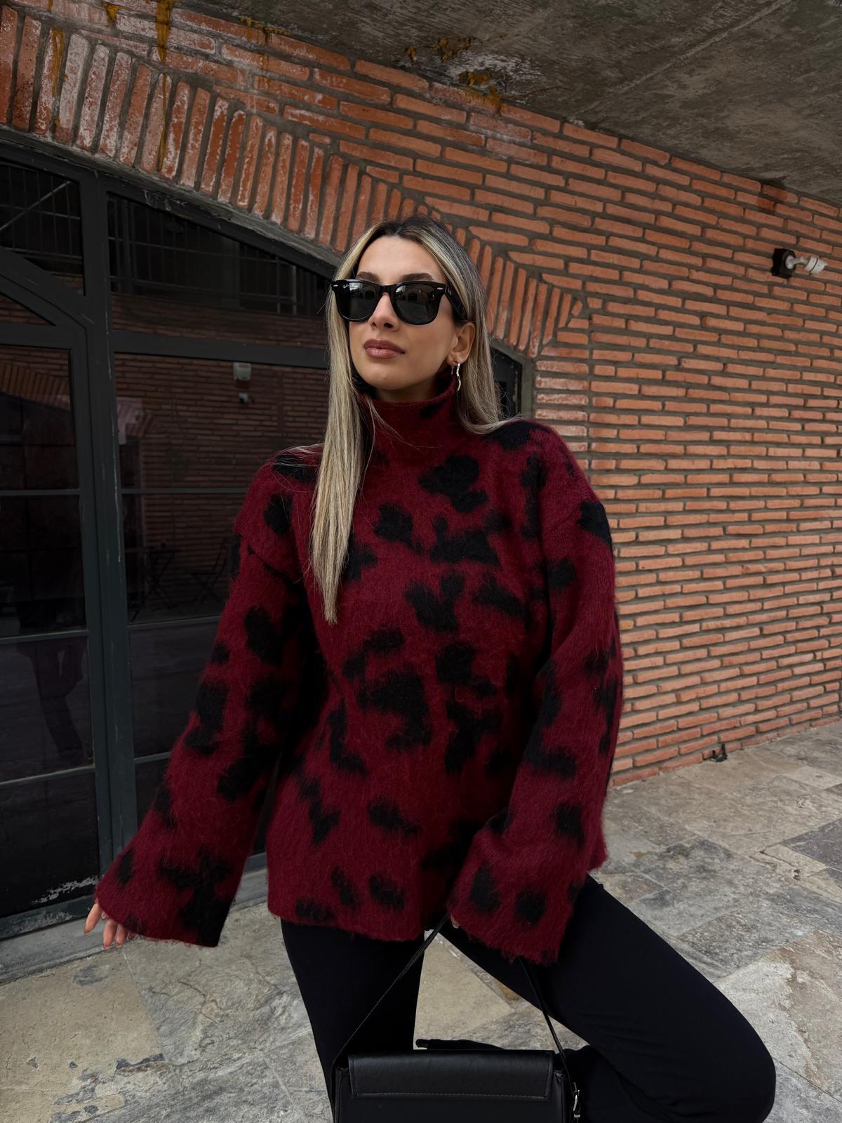 Geniş Kol Tasarım Boğazlı Leopar Kazak Bordo kzk2003ywe