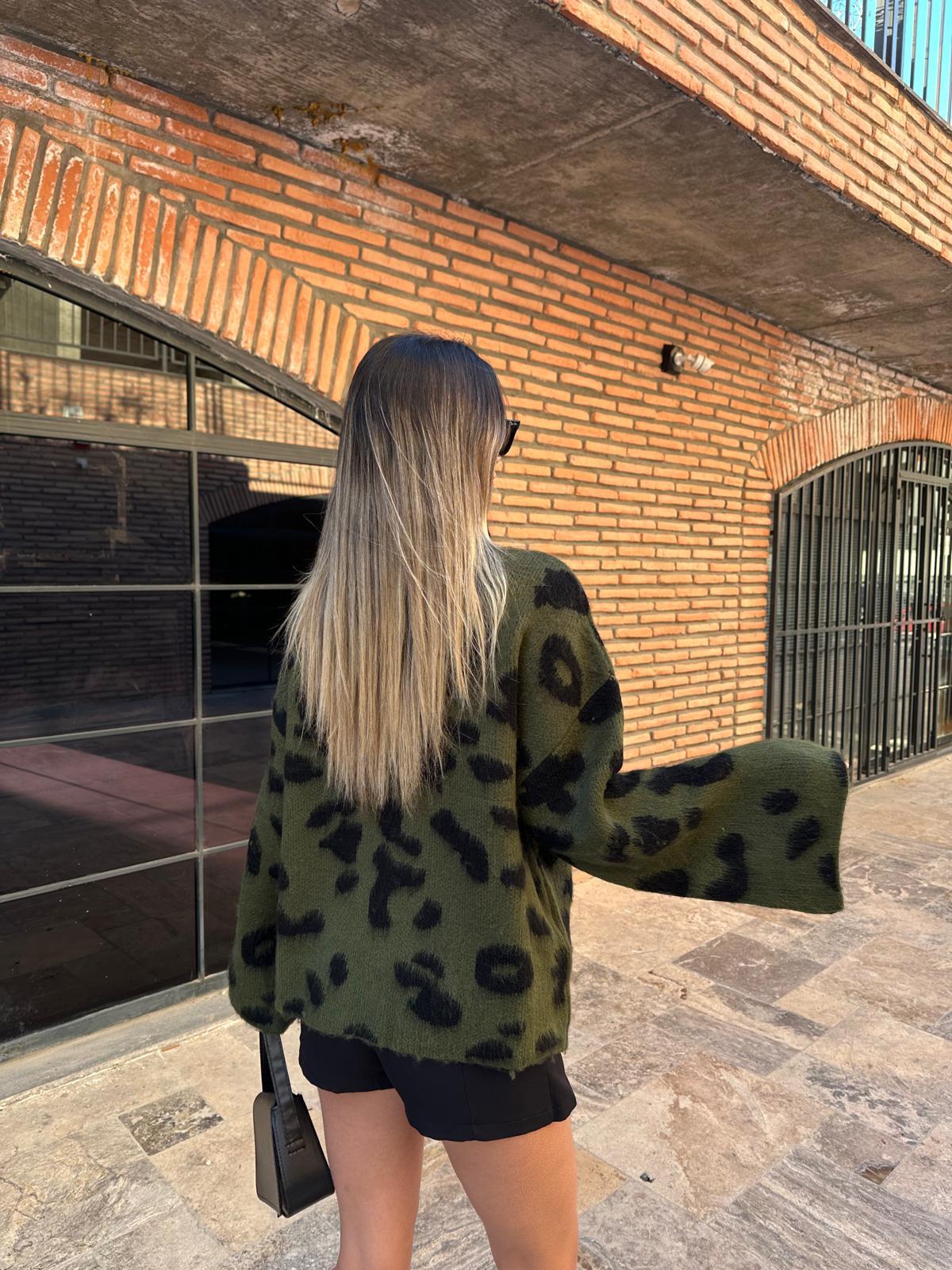 Geniş Kol Tasarım Boğazlı Leopar Kazak Yeşil kzk2003ywe