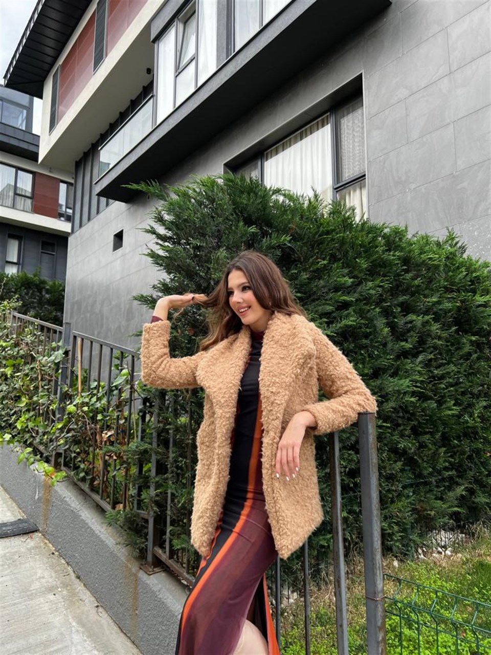 Geniş Yaka Bürümcük Camel Kaban 6398