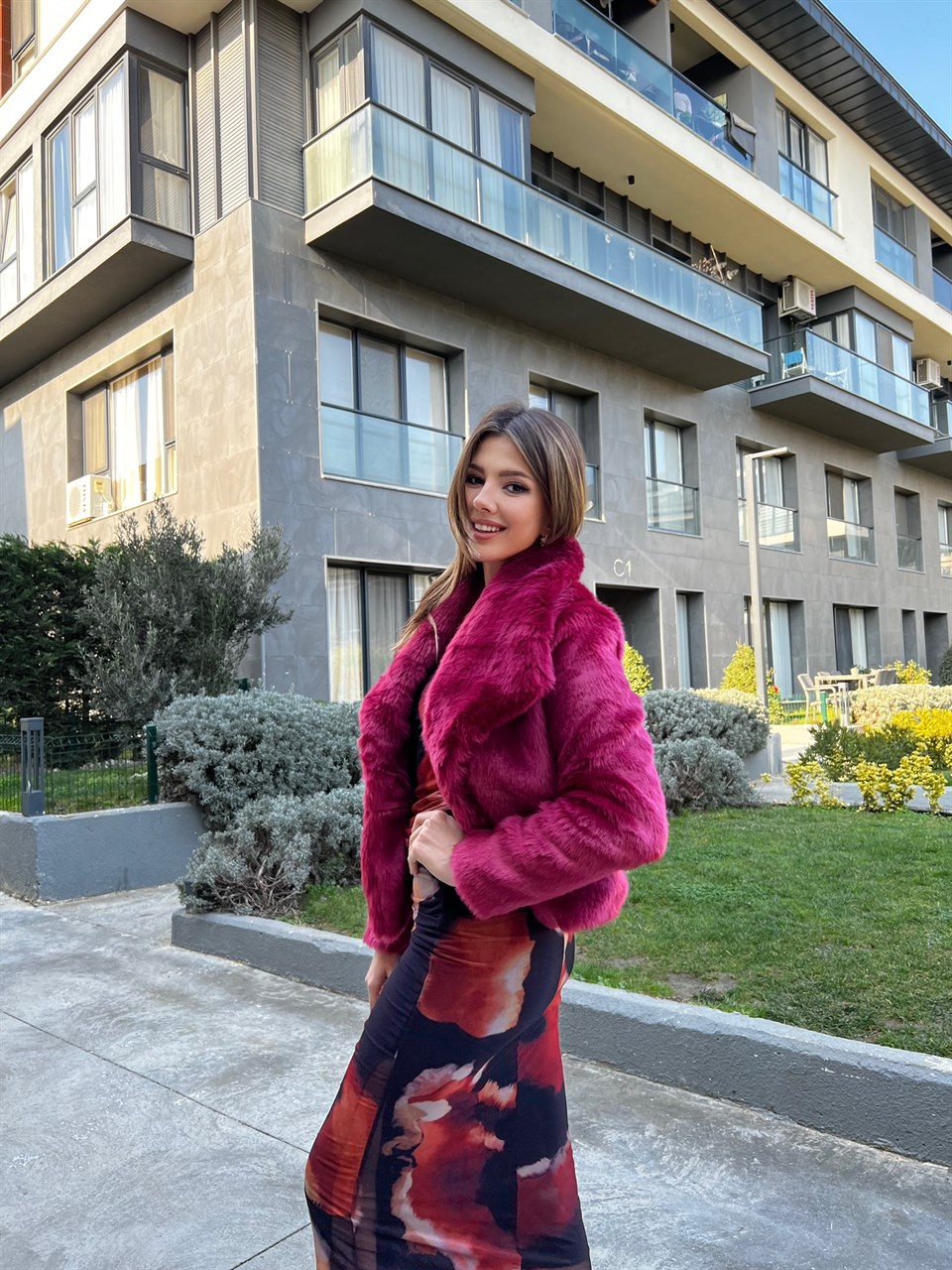 Geniş Yaka Vip Kalite Fuşya Kürk 1964