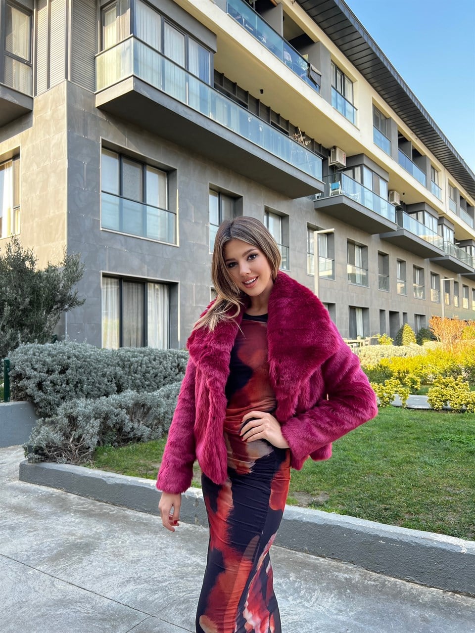 Geniş Yaka Vip Kalite Fuşya Kürk 1964