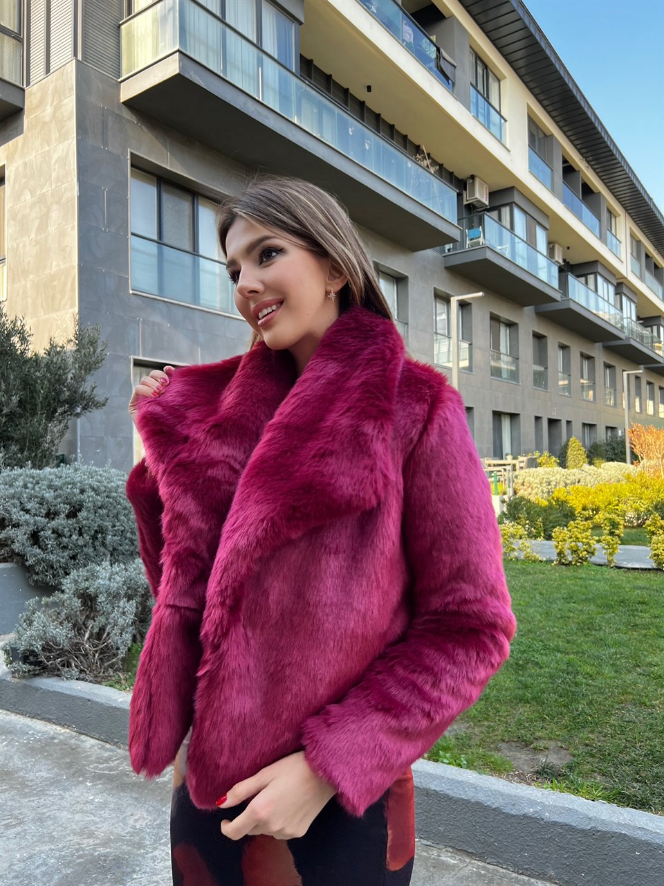 Geniş Yaka Vip Kalite Fuşya Kürk 1964