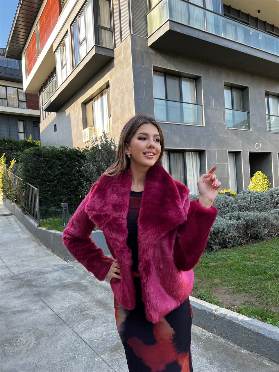 Geniş Yaka Vip Kalite Fuşya Kürk 1964