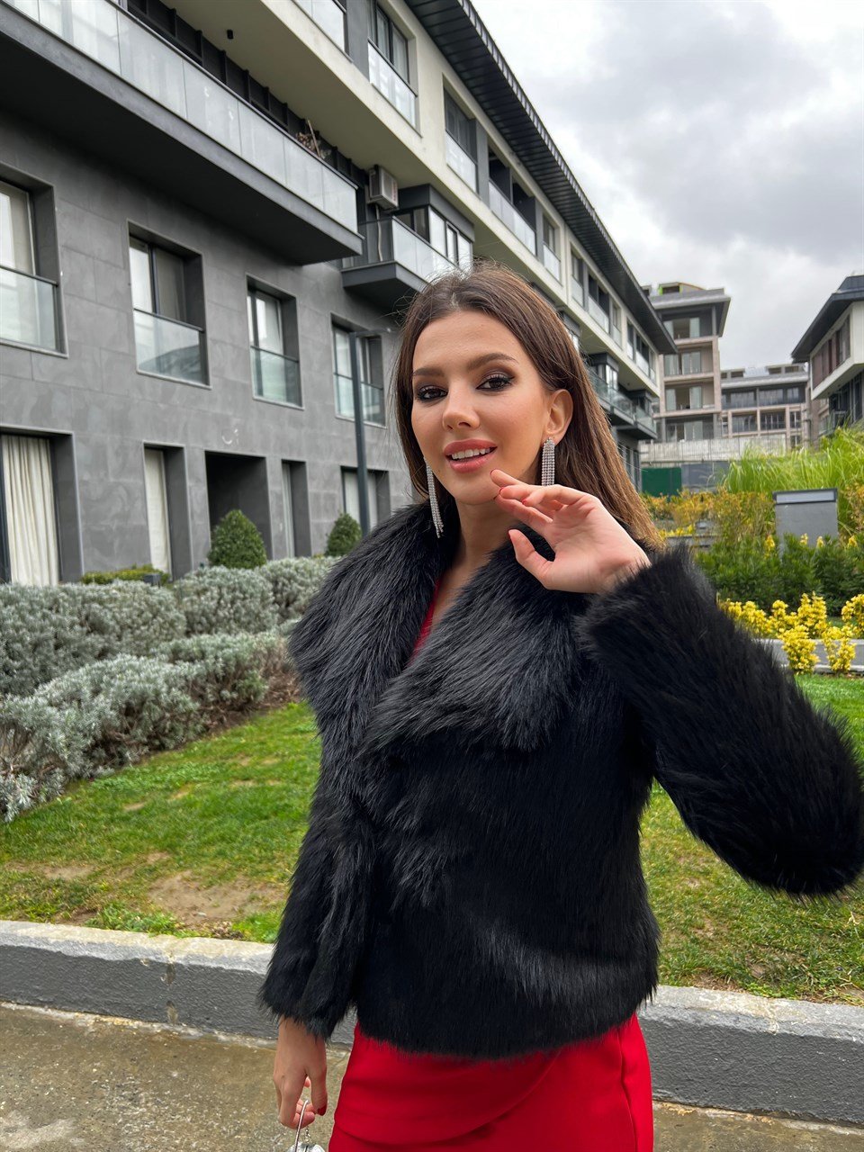 Geniş Yaka Vip Kalite Siyah Mini Kürk 1964