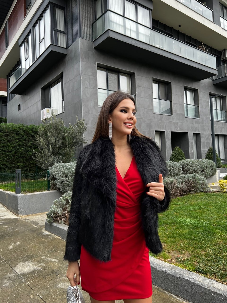 Geniş Yaka Vip Kalite Siyah Mini Kürk 1964