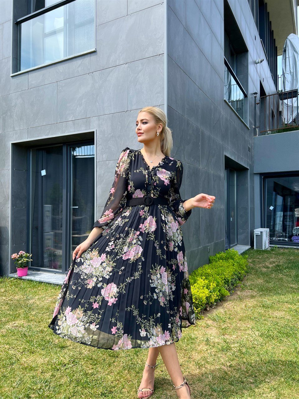 Gilda Astarlı Siyah Şifon Elbise