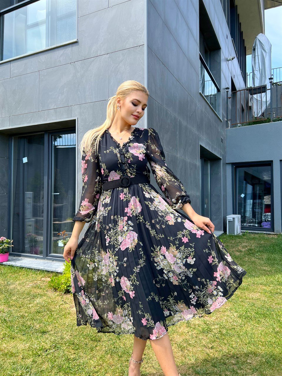 Gilda Astarlı Siyah Şifon Elbise