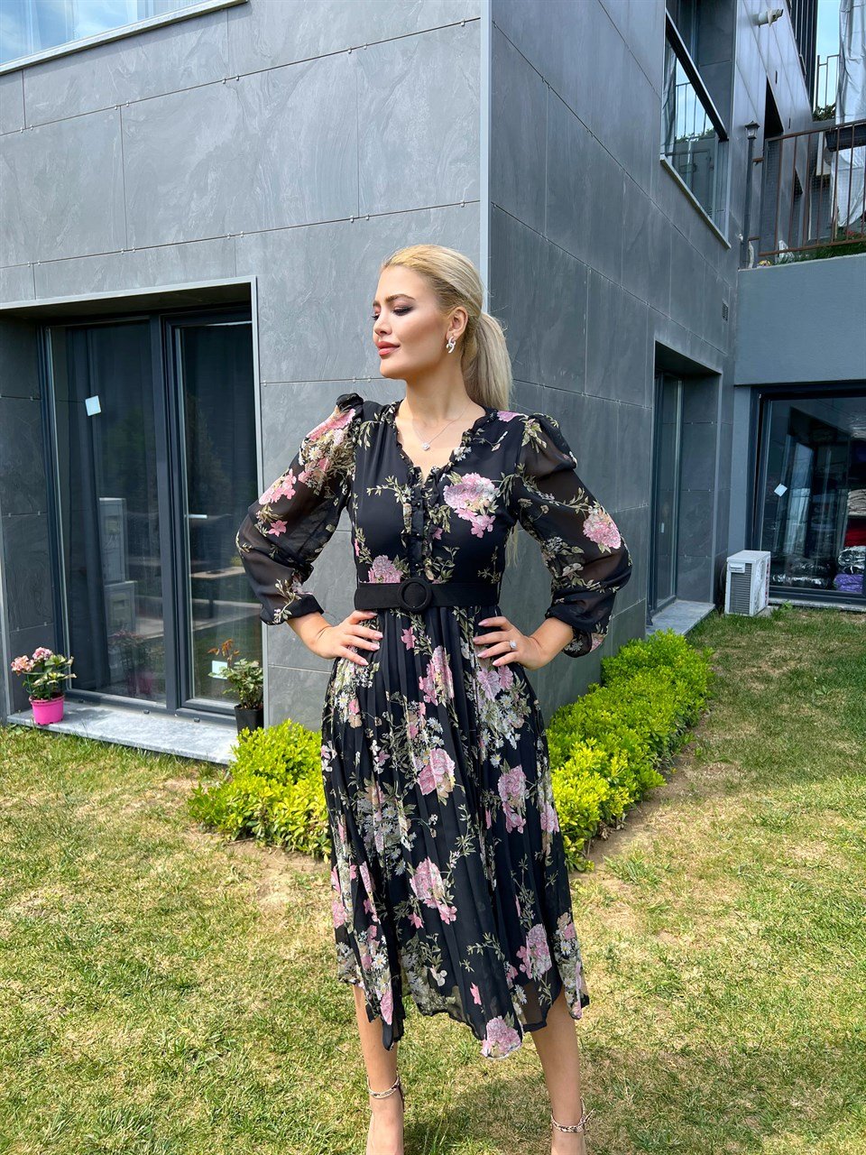 Gilda Astarlı Siyah Şifon Elbise