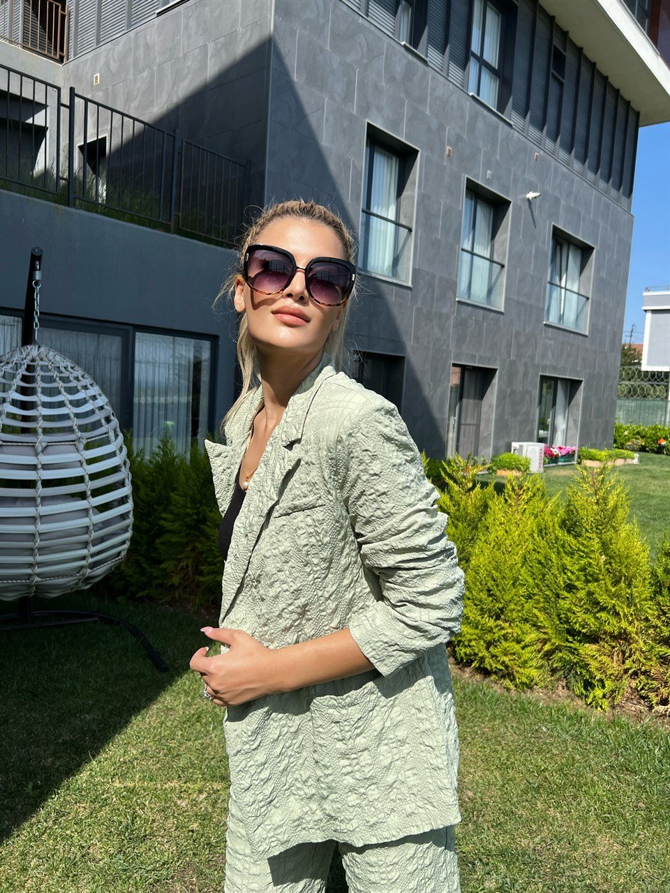Gofre Yeşil Ceket Pantolon Takım