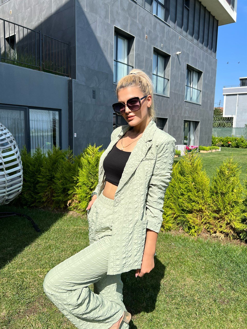 Gofre Yeşil Ceket Pantolon Takım