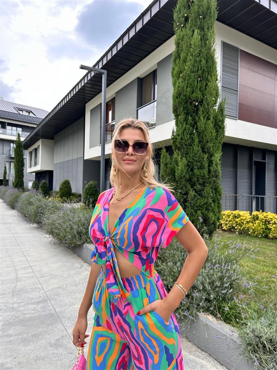 Göğüs Bağlamalı Viskon Tulum Çok Renkli 0707295