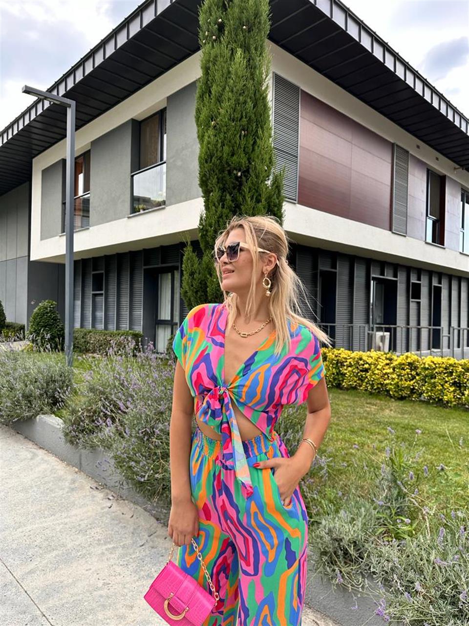 Göğüs Bağlamalı Viskon Tulum Çok Renkli 0707295