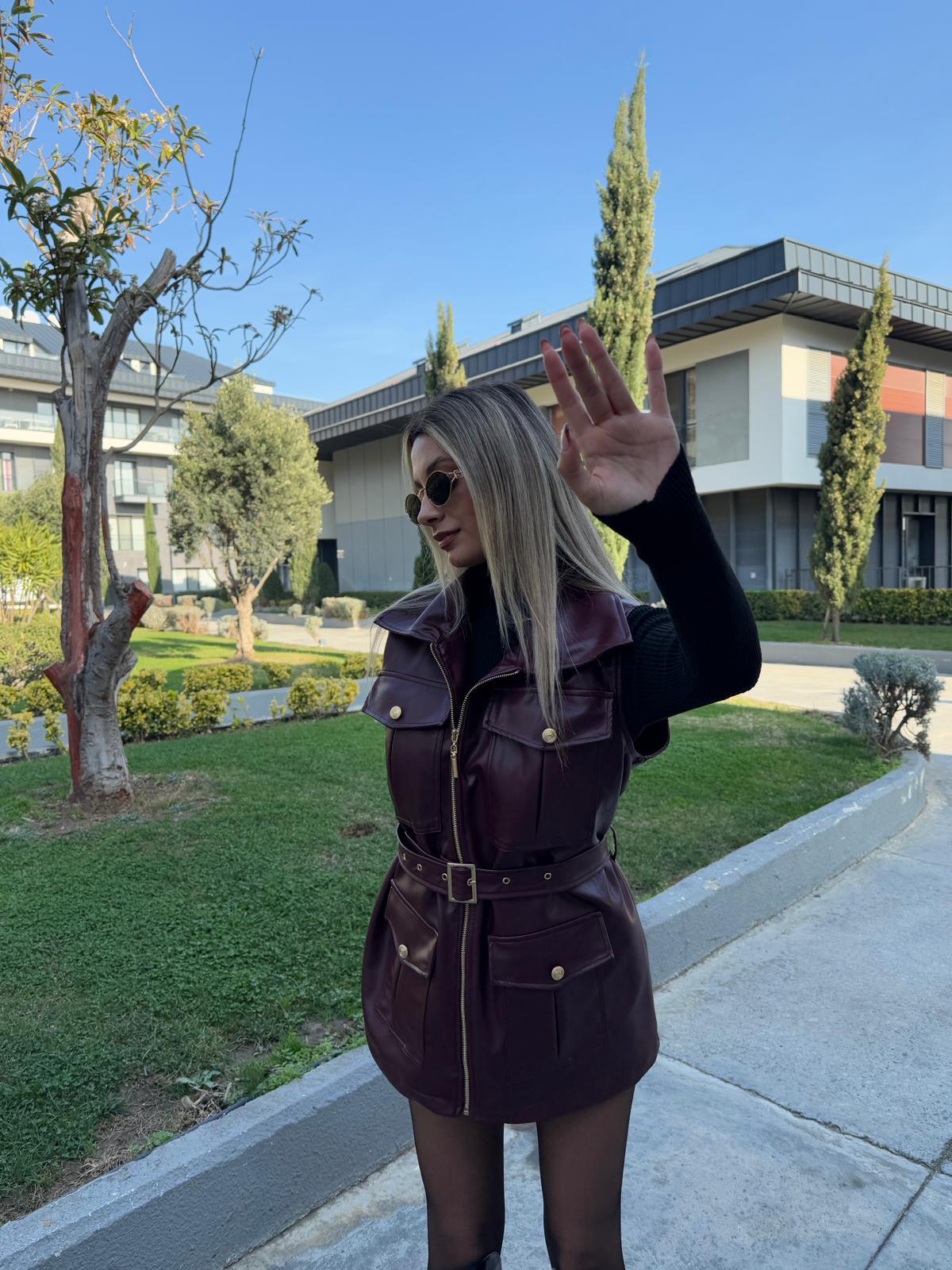 Gold Aksesuarlı Premium Bordo Deri Yelek ylk2063shz