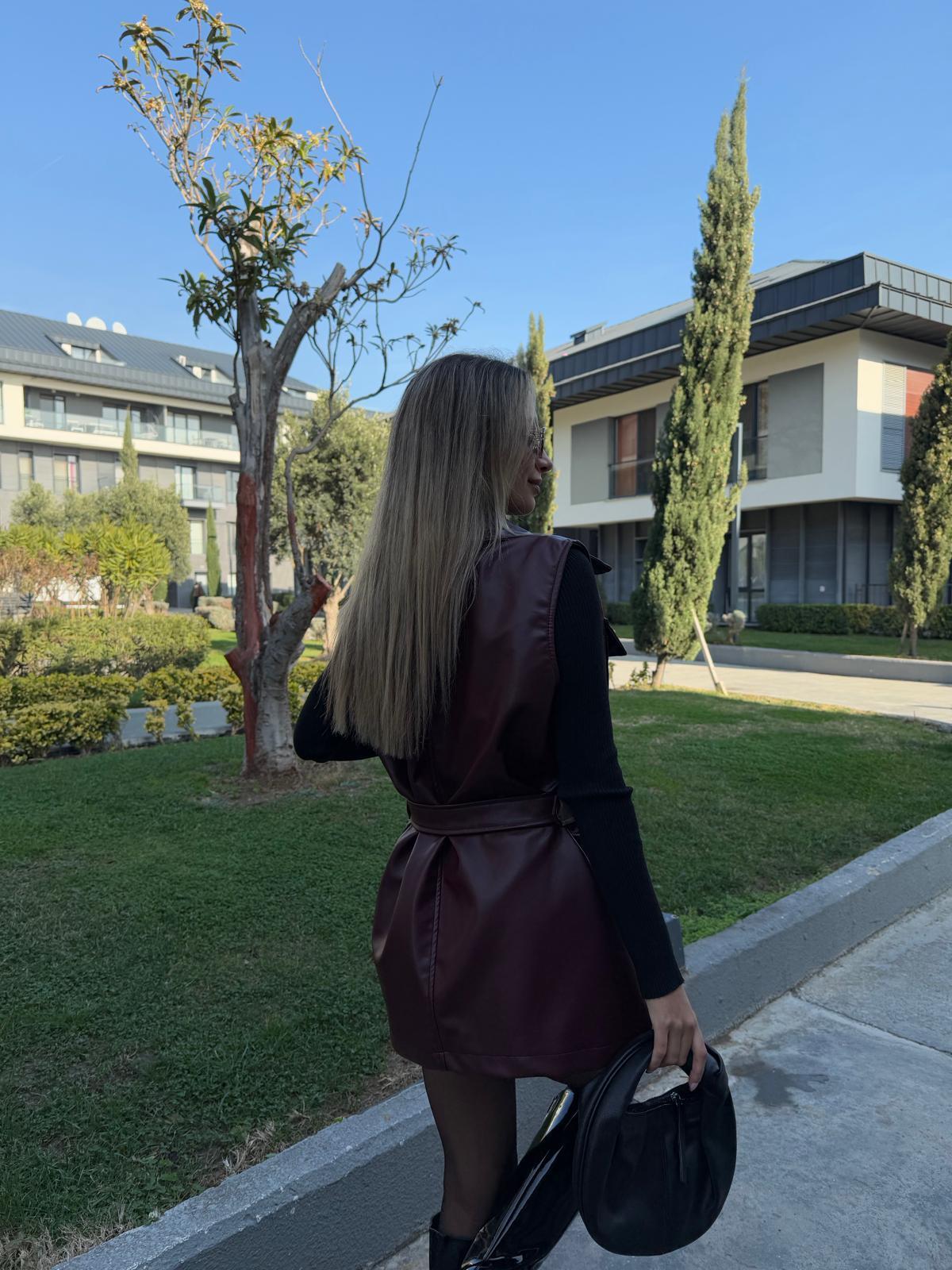 Gold Aksesuarlı Premium Bordo Deri Yelek ylk2063shz