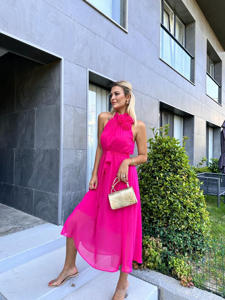 Gül Broşlu Şifon Elbise Fuşya 1707350
