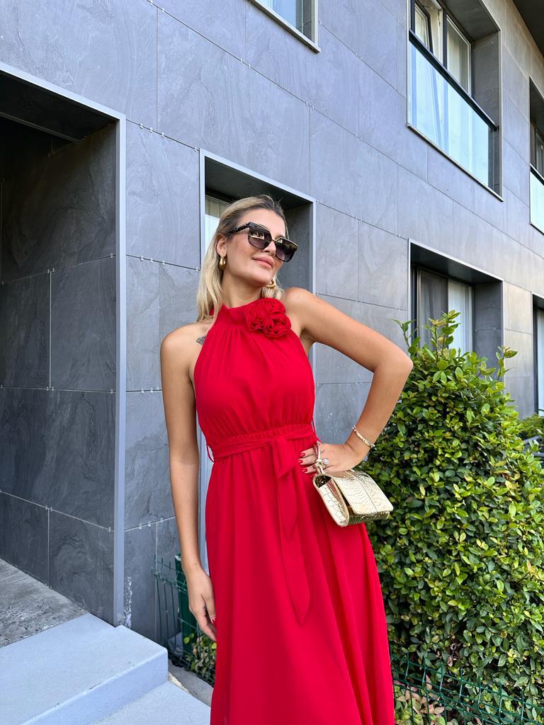 Gül Broşlu Şifon Elbise Kırmızı 1707350