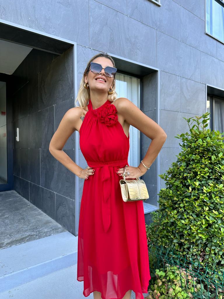 Gül Broşlu Şifon Elbise Kırmızı 1707350