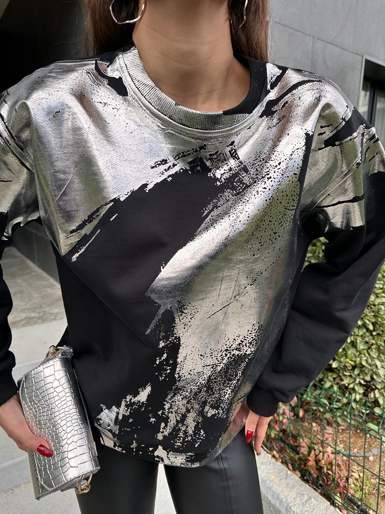 Gümüş Varak Baskılı Sweatshirt 1707511