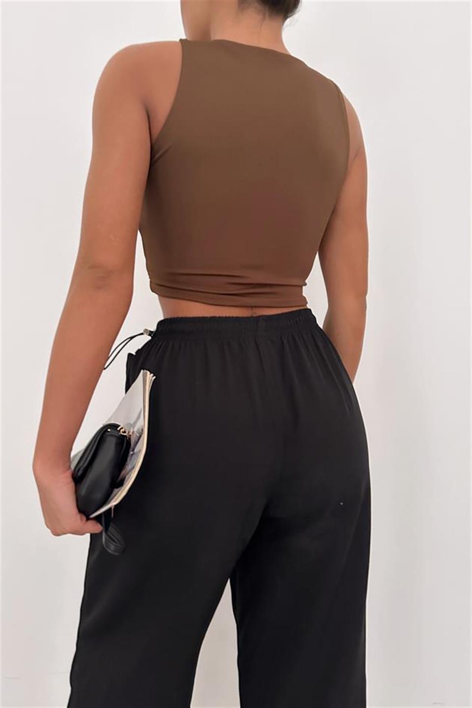 Halter Yaka Basic Crop Bluz Kahve 230262