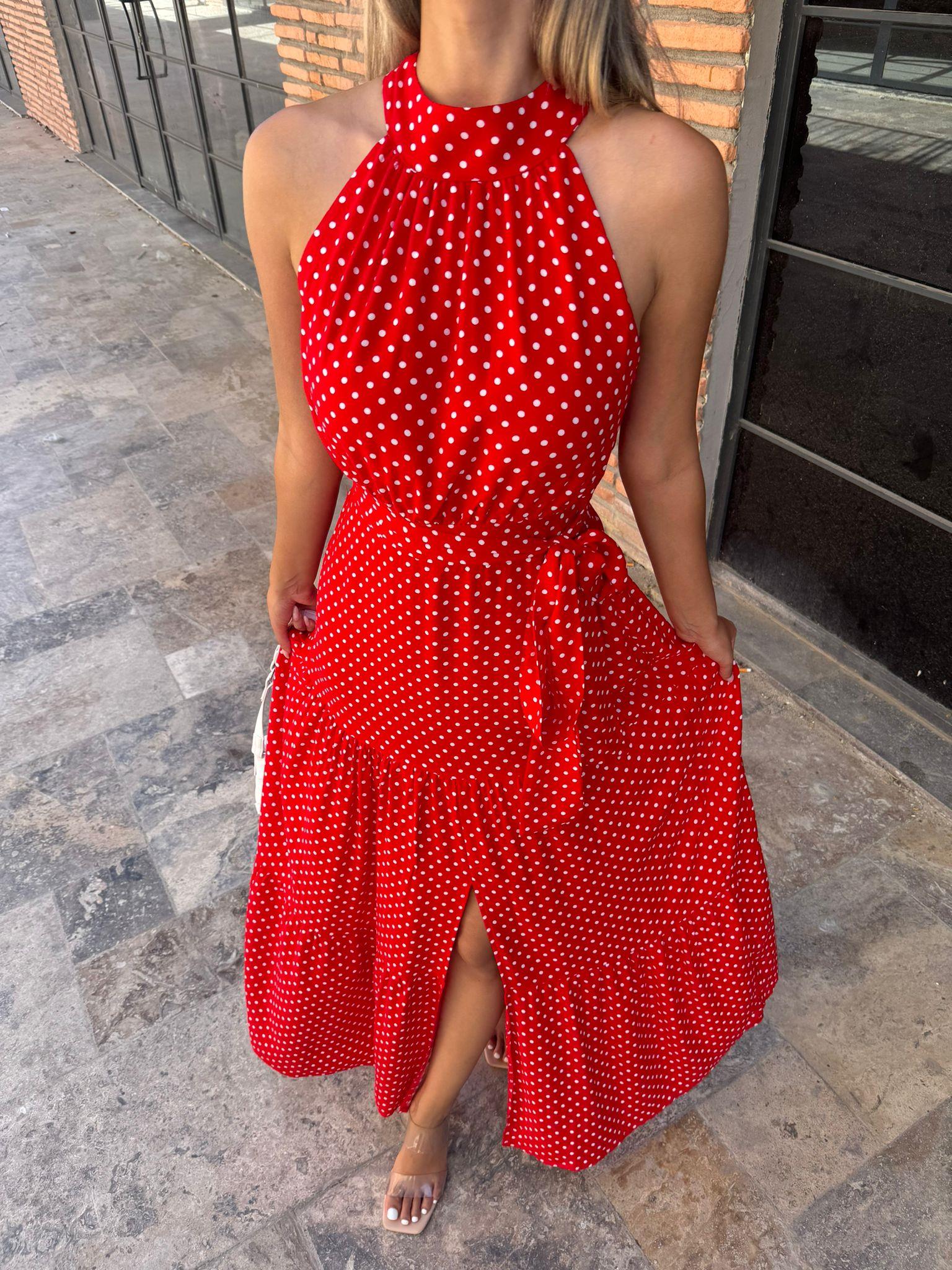 Halter Yaka Puantiyeli Kırmızı Viskon Elbise  070621134