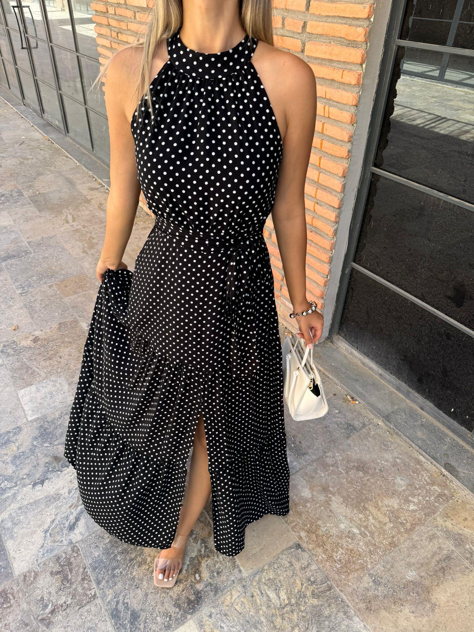 Halter Yaka Puantiyeli Siyah Viskon Elbise  070621134