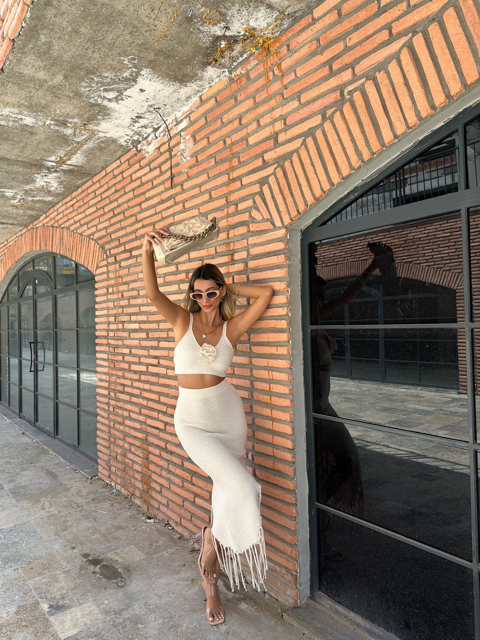 Ham Ekru Gül Örmeli İkili Triko Takım 07062179