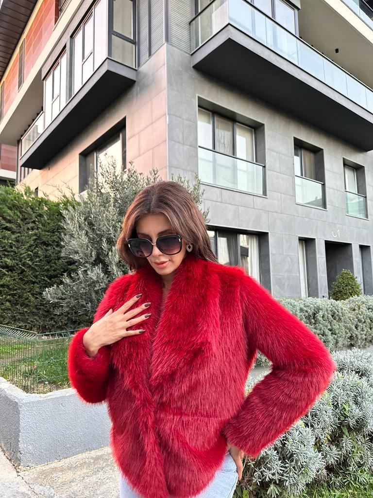 Hilda Zra Model Şal Yaka Kırmızı Kürk 1707434