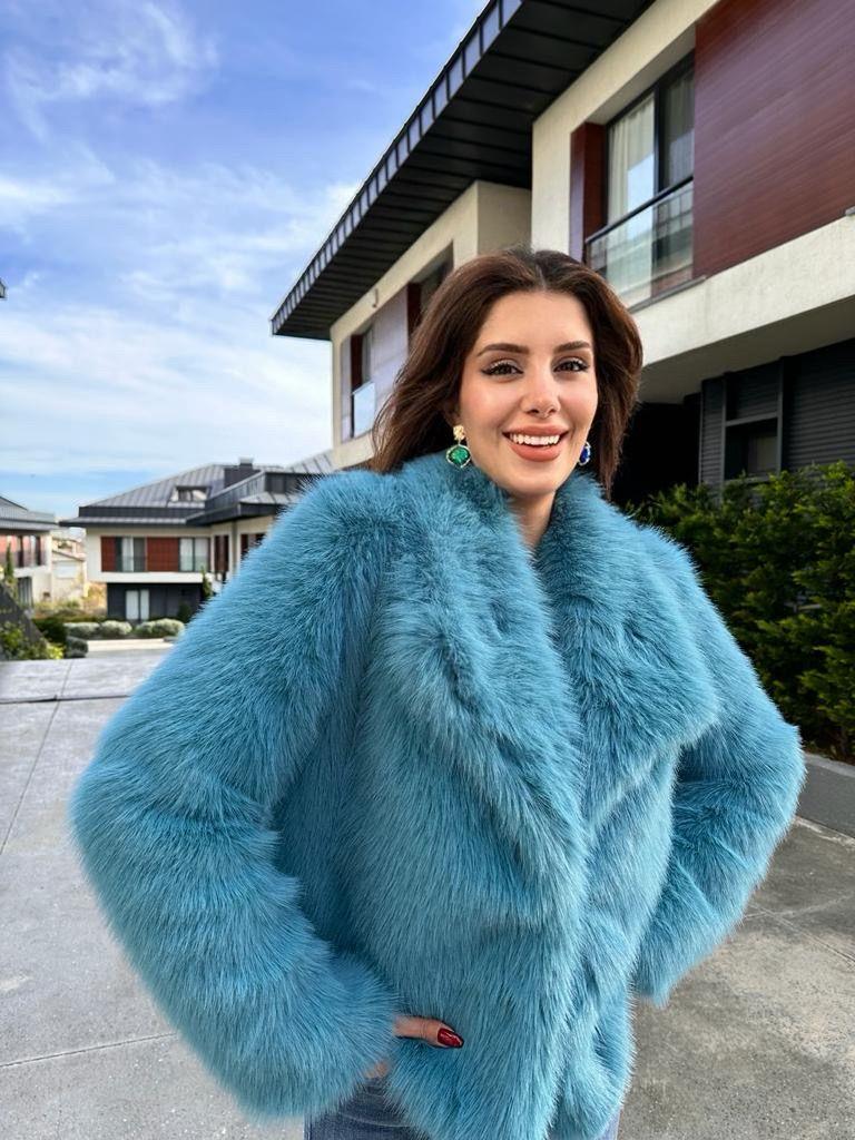 Hilda Zra Model Şal Yaka Turkuaz Kürk 1707434