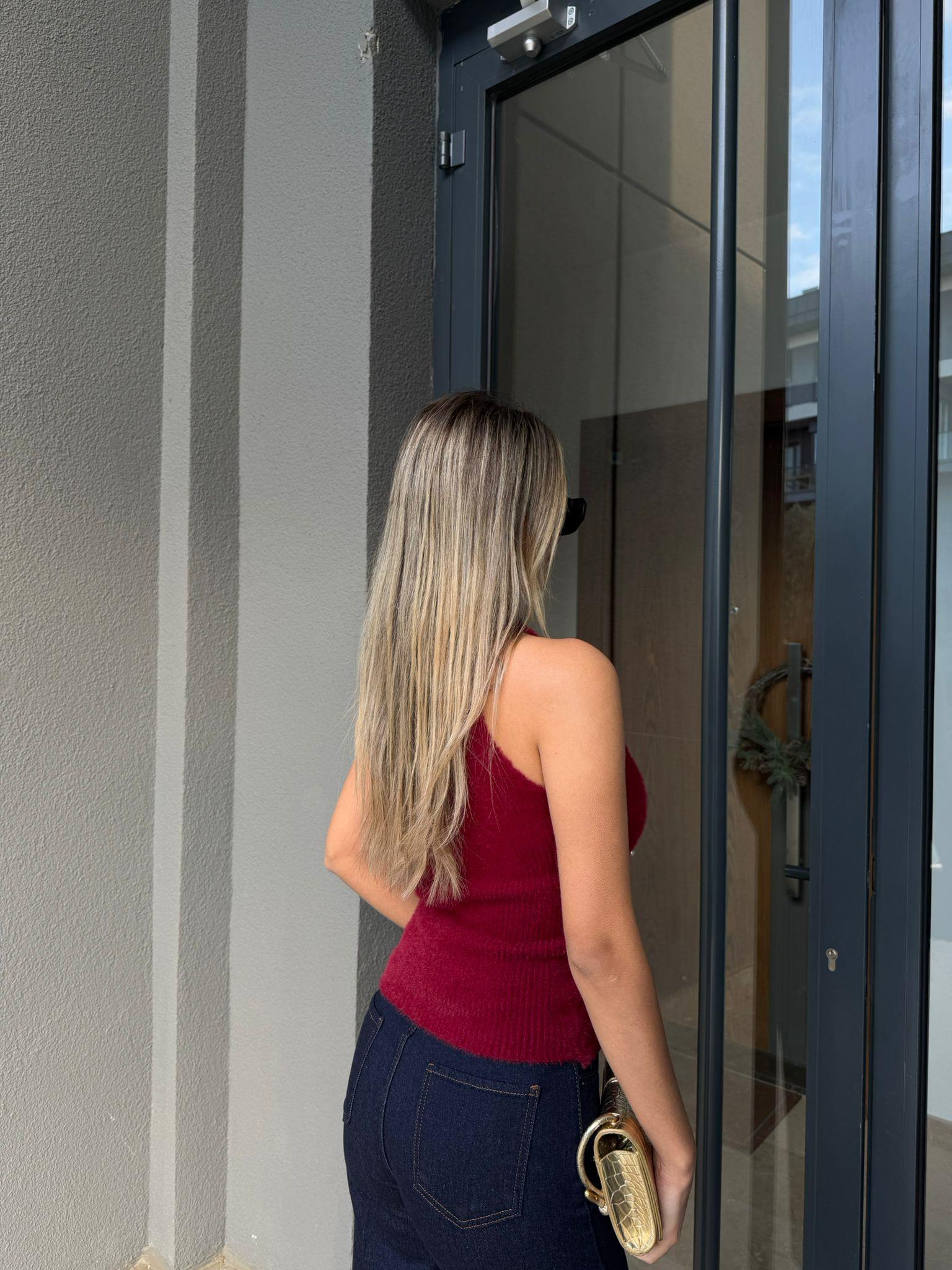 İnci İşleme Sıfır Kol Soft Kumaş Bluz Bordo blz2178jij