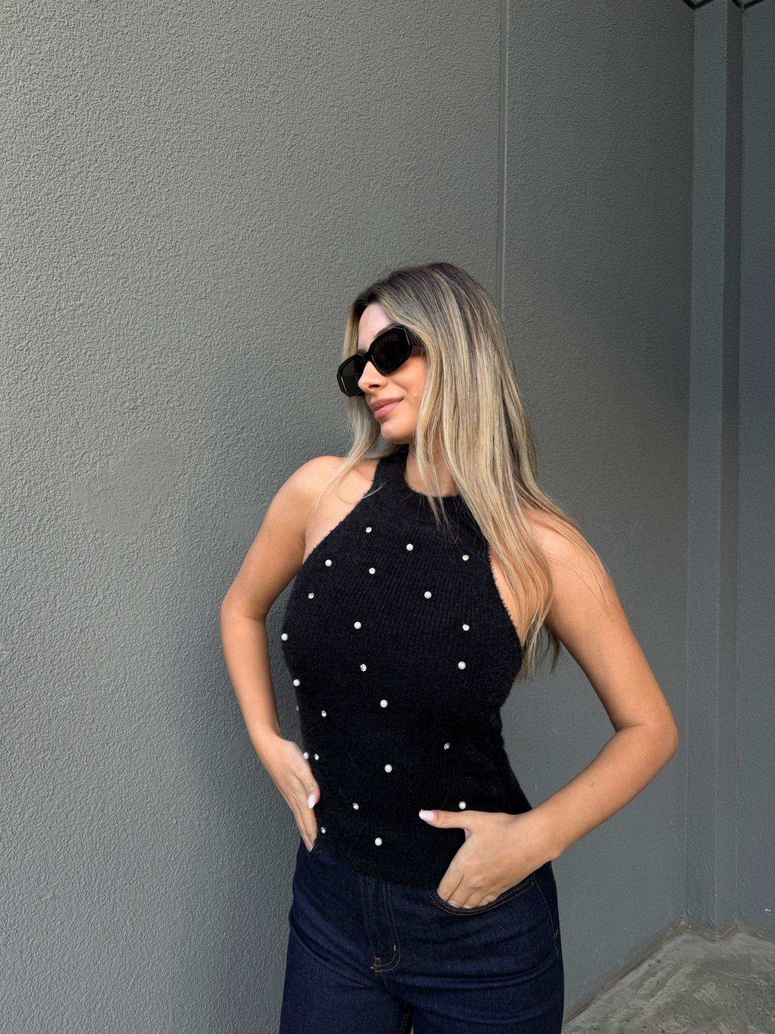 İnci İşleme Sıfır Kol Soft Kumaş Bluz Siyah blz2178jij