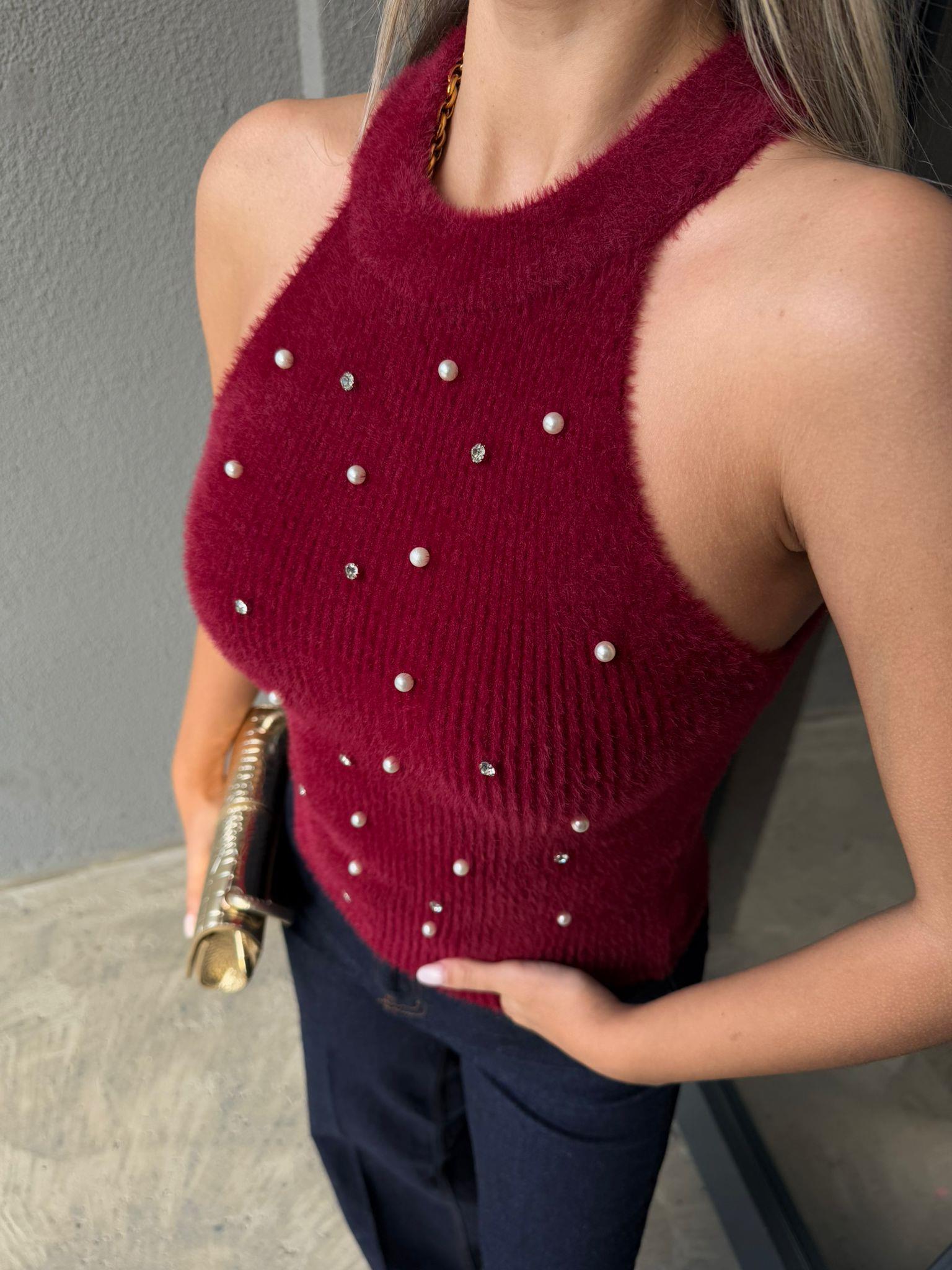 İnci İşleme Sıfır Kol Soft Kumaş Bluz Bordo blz2178jij