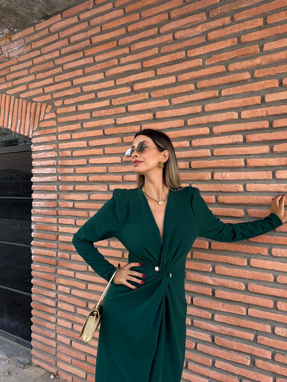 İnci Sarmalı Yeşil Kalem Elbise kelb1067grs
