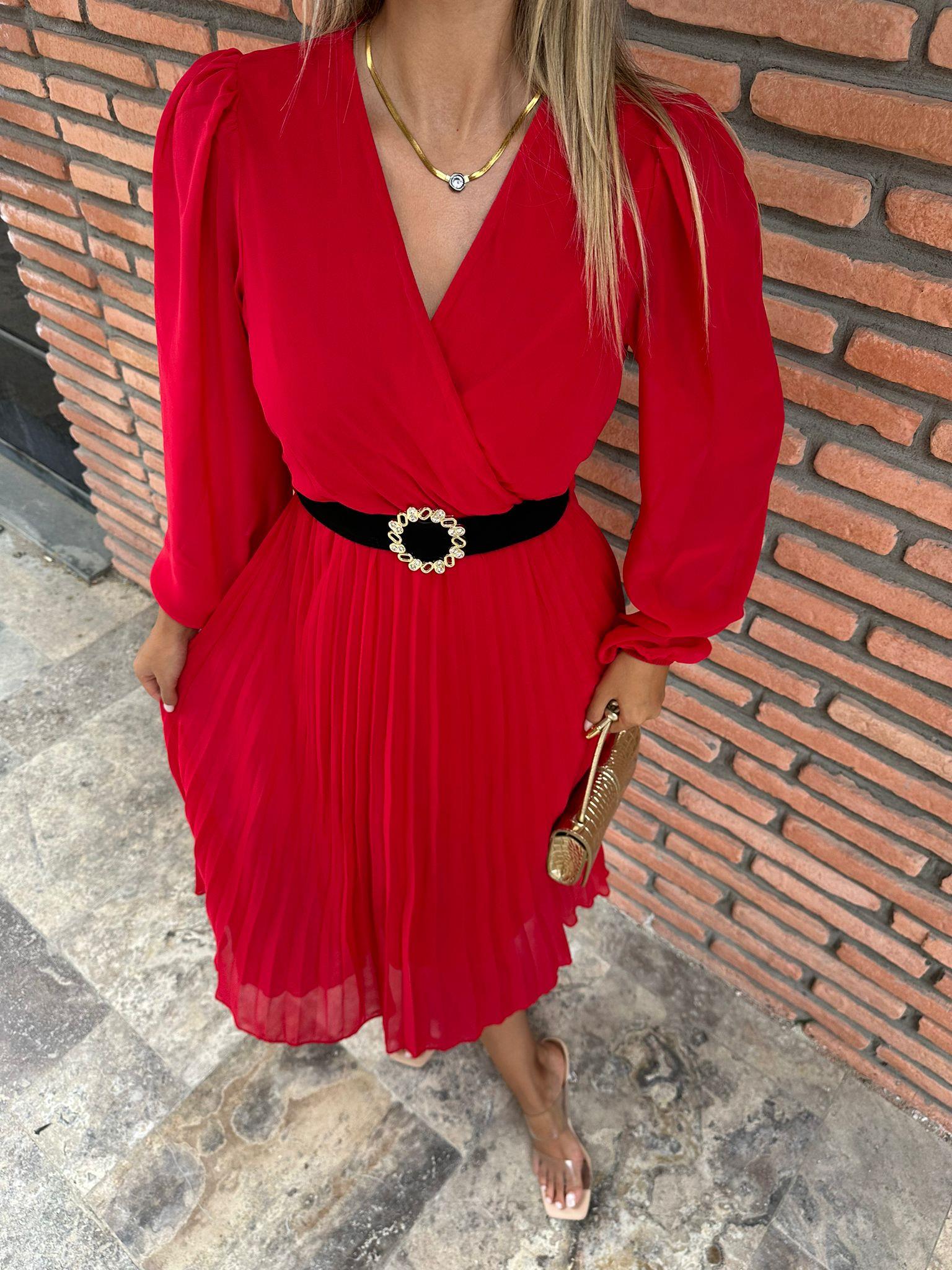 İnolia Kemeri Taşlı Kruvaze Şifon Kırmızı Elbise 0706211105